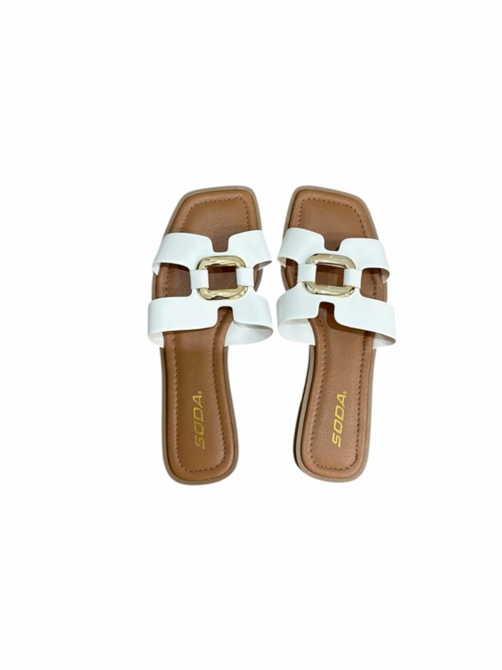 Soda White Slide Sandals with Gold Accent